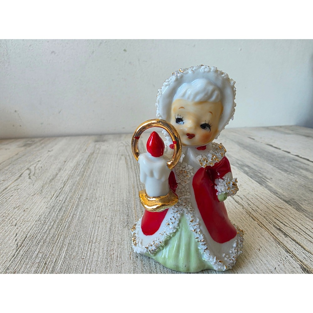 Vintage lefton ceramic Angel Bell candle spaghetti Xmas cherub girl figurine